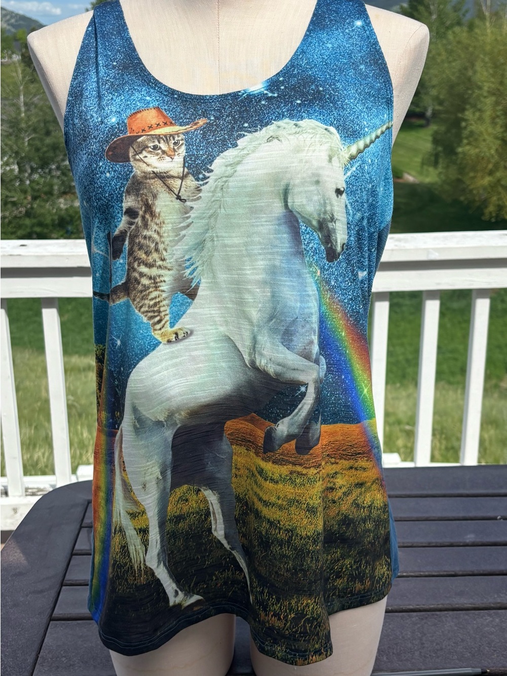 Bear Dance Women's Blue Unicorn & Cat Graphic Tank Top